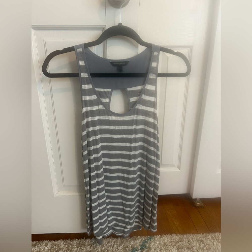 BANANA REPUBLIC | gray and white striped tank w/oval cutout in back, size small